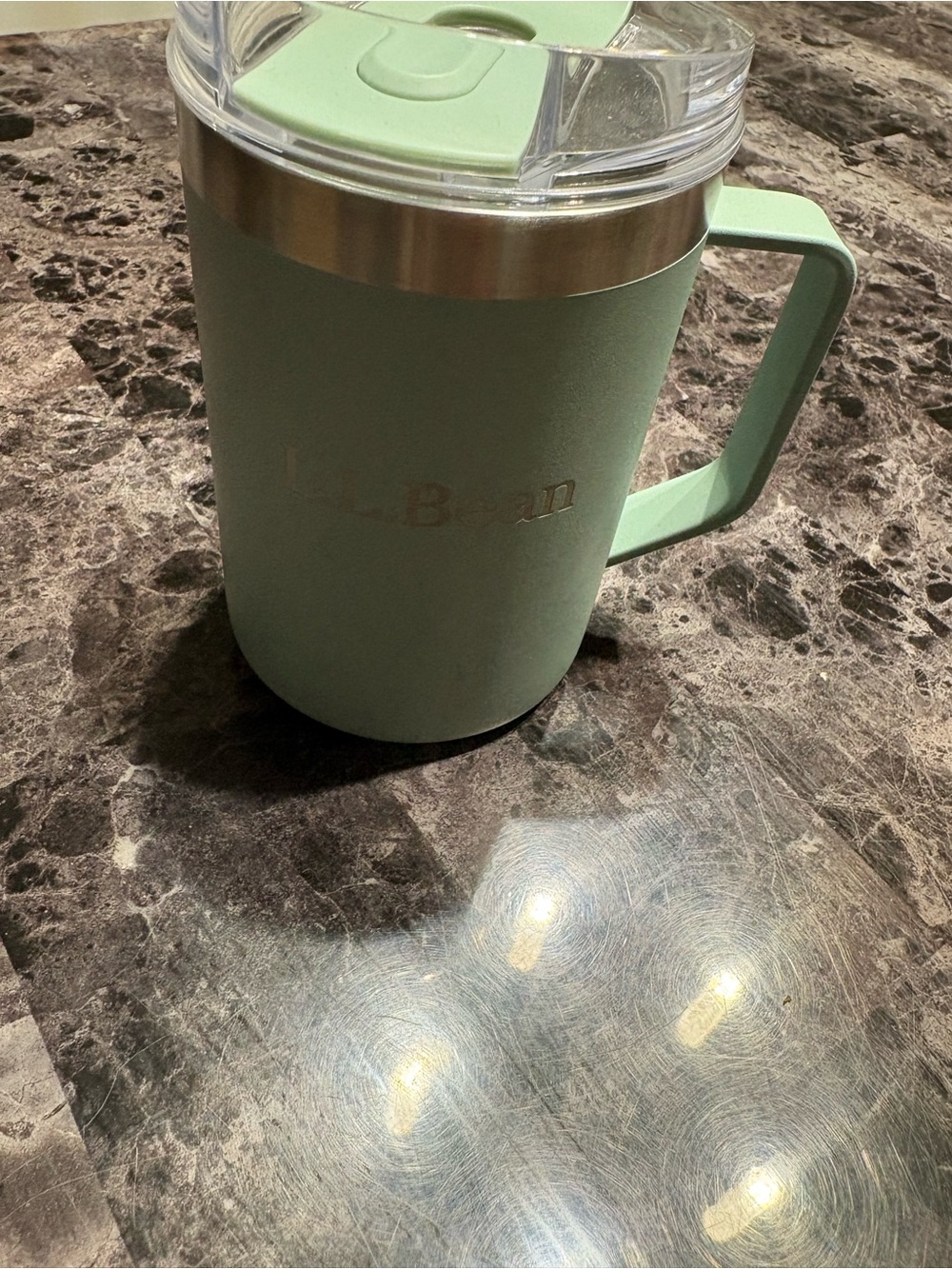 L.L. Bean Mint Green Travel Mug with Handle and Clear Lid